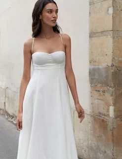 Antonia Padded Dress in White Linen-BESTSELLER
