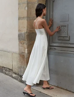 Antonia Padded Dress in White Linen-BESTSELLER
