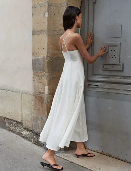 Antonia Padded Dress in White Linen-BESTSELLER