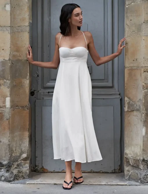 Antonia Padded Dress in White Linen-BESTSELLER