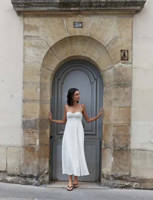 Antonia Padded Dress in White Linen-BESTSELLER