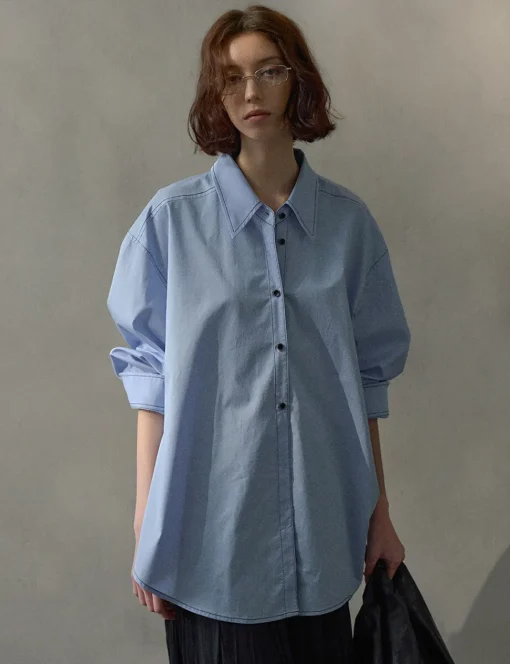 Asymmetric Blue Contrast Stitch Shirt