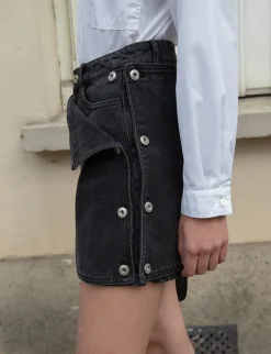 Black Denim Button Skort-BESTSELLER