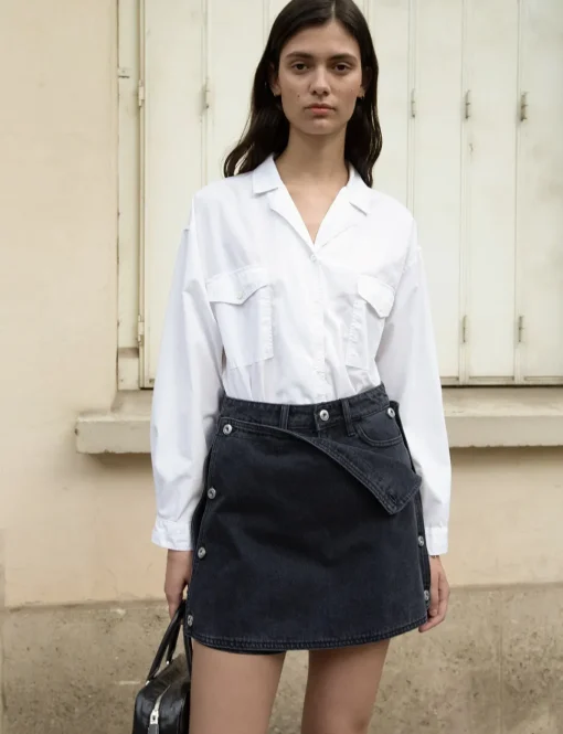 Black Denim Button Skort-BESTSELLER