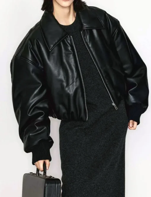 Black Faux-Leather Bomber Jacket-BESTSELLER