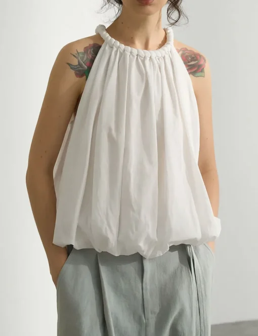 Braided Halter Puff Top in White