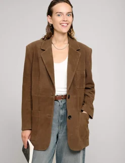 Brown Genuine-Leather Suede Blazer