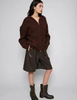 Brown Zip Funnel Neck Sweater