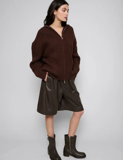 Brown Zip Funnel Neck Sweater