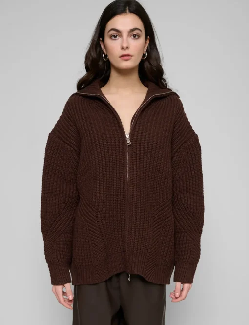 Brown Zip Funnel Neck Sweater