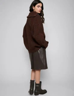 Brown Zip Funnel Neck Sweater