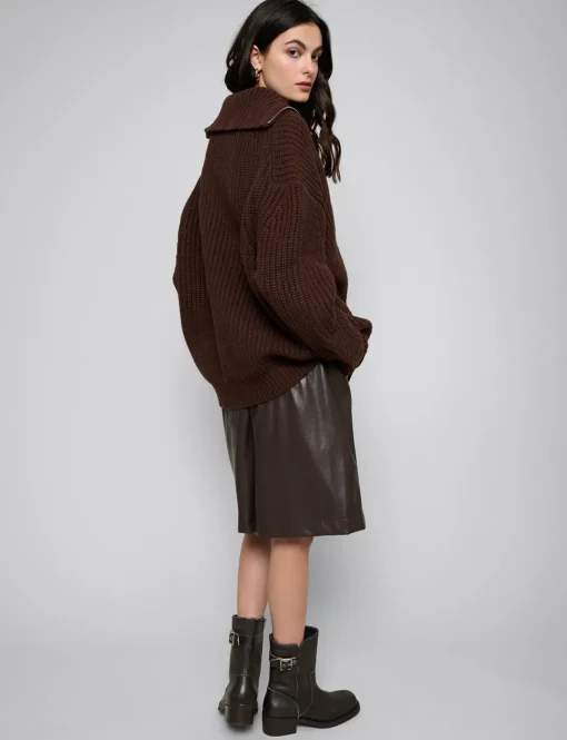 Brown Zip Funnel Neck Sweater