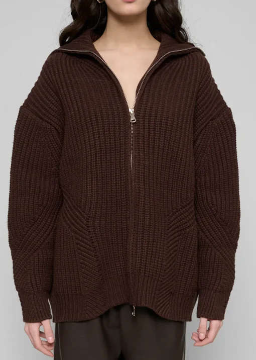 Brown Zip Funnel Neck Sweater