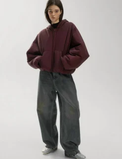 Burgundy Puff Crop Hoodie Jacket