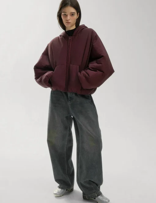 Burgundy Puff Crop Hoodie Jacket