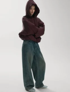 Burgundy Puff Crop Hoodie Jacket