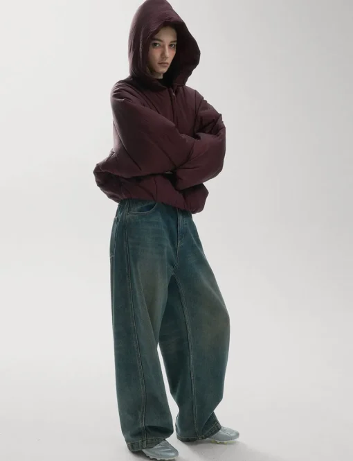 Burgundy Puff Crop Hoodie Jacket