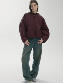Burgundy Puff Crop Hoodie Jacket