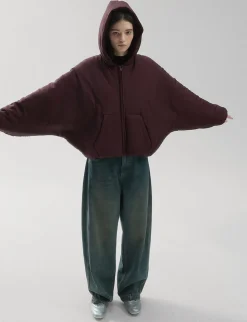 Burgundy Puff Crop Hoodie Jacket