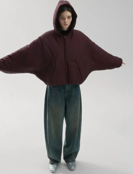 Burgundy Puff Crop Hoodie Jacket
