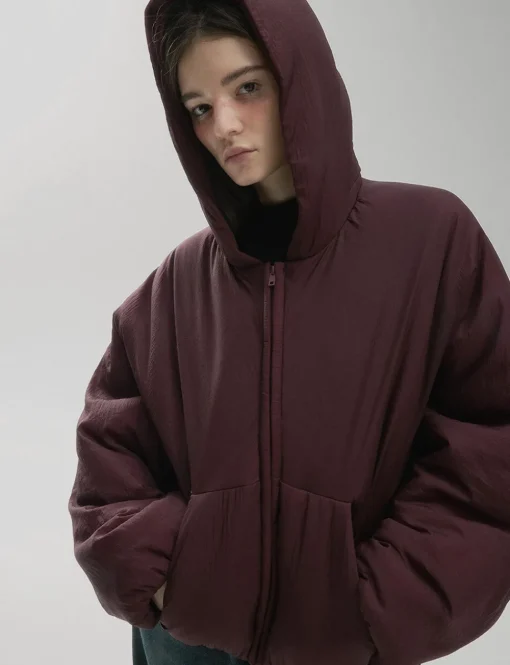 Burgundy Puff Crop Hoodie Jacket