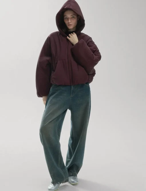 Burgundy Puff Crop Hoodie Jacket