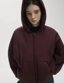 Burgundy Puff Crop Hoodie Jacket