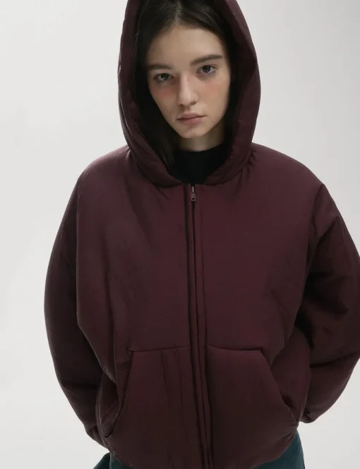 Burgundy Puff Crop Hoodie Jacket