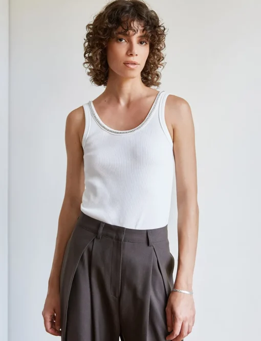 Diamond Neckline White Tank