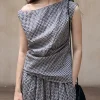 Gingham Asymmetric Draped Top-PREORDER