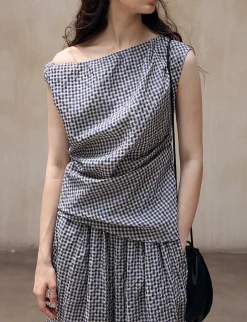 Gingham Asymmetric Draped Top-PREORDER