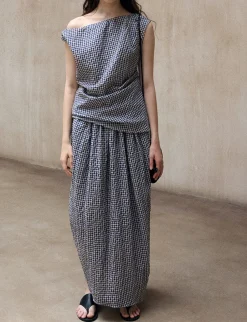 Gingham Asymmetric Draped Top-PREORDER