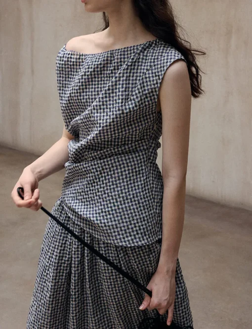 Gingham Asymmetric Draped Top-PREORDER