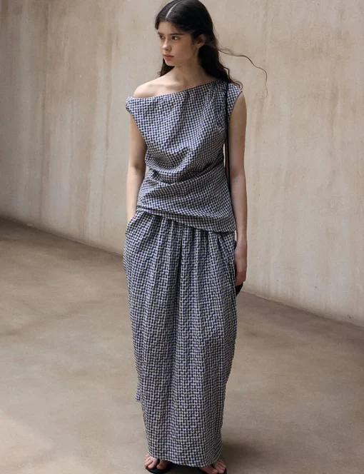 Gingham Asymmetric Draped Top-PREORDER
