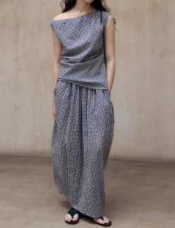 Gingham Asymmetric Draped Top-PREORDER