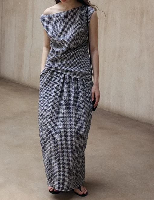 Gingham Asymmetric Draped Top-PREORDER