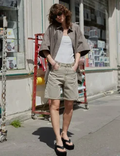 Greige Denim Long Button Shorts