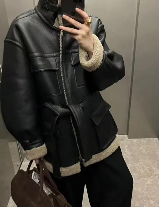 Leather Shearling Cargo Pocket Coat