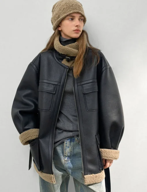 Leather Shearling Cargo Pocket Coat