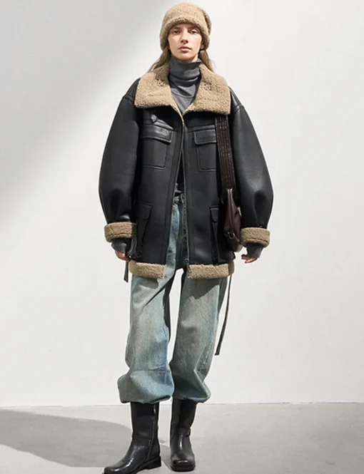 Leather Shearling Cargo Pocket Coat