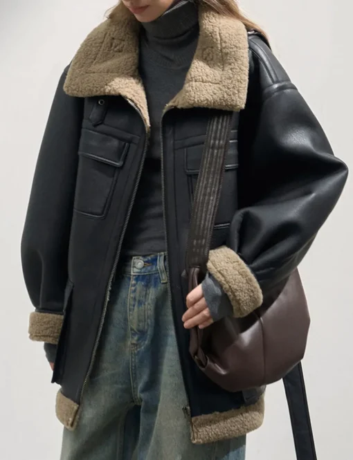 Leather Shearling Cargo Pocket Coat