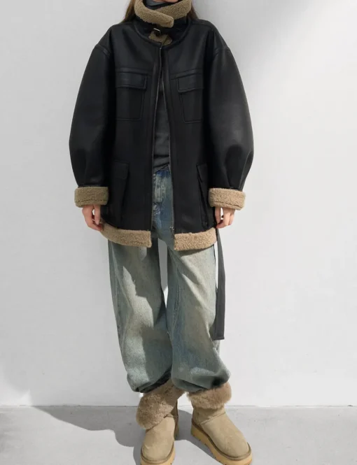 Leather Shearling Cargo Pocket Coat