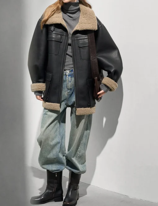 Leather Shearling Cargo Pocket Coat