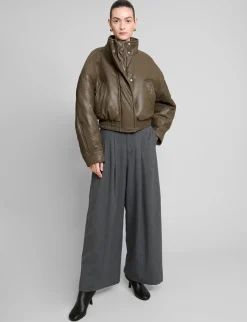 Olive Leather Bomber Jacket