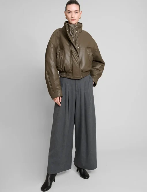 Olive Leather Bomber Jacket