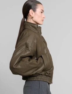 Olive Leather Bomber Jacket