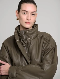 Olive Leather Bomber Jacket