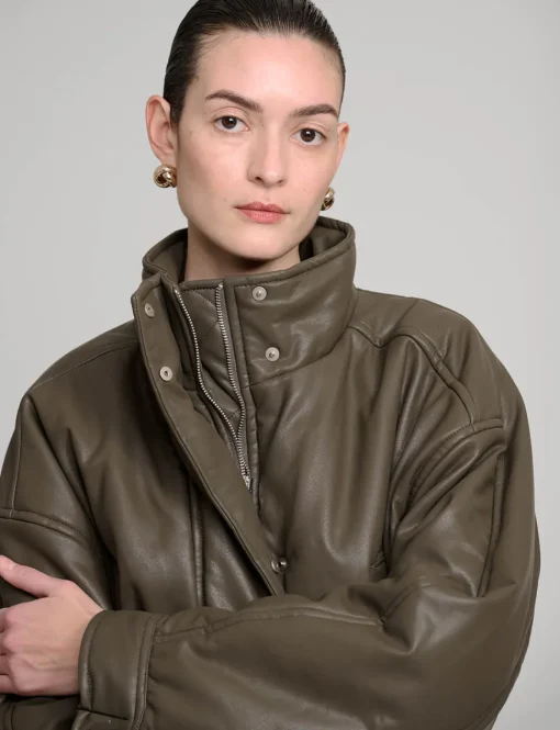 Olive Leather Bomber Jacket