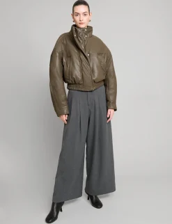 Olive Leather Bomber Jacket