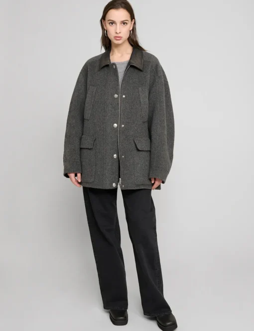 Oversized Wool Leather Collar Coat